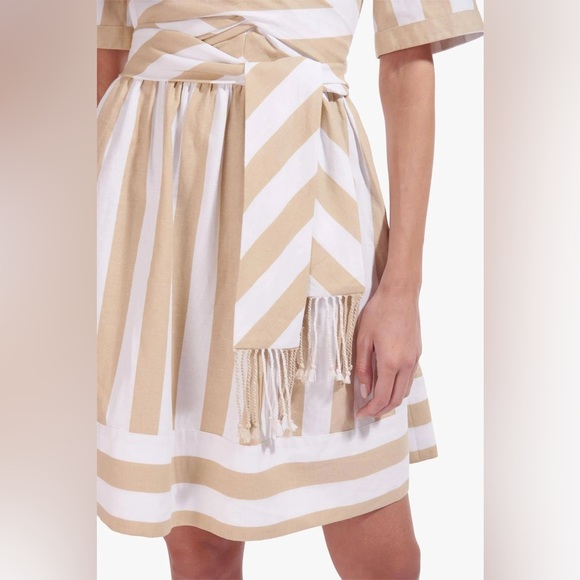 STAUD Hazelnut Stripe York Mini Dress With Pockets & Wrap Detail. Size XS. - Picture 6 of 16